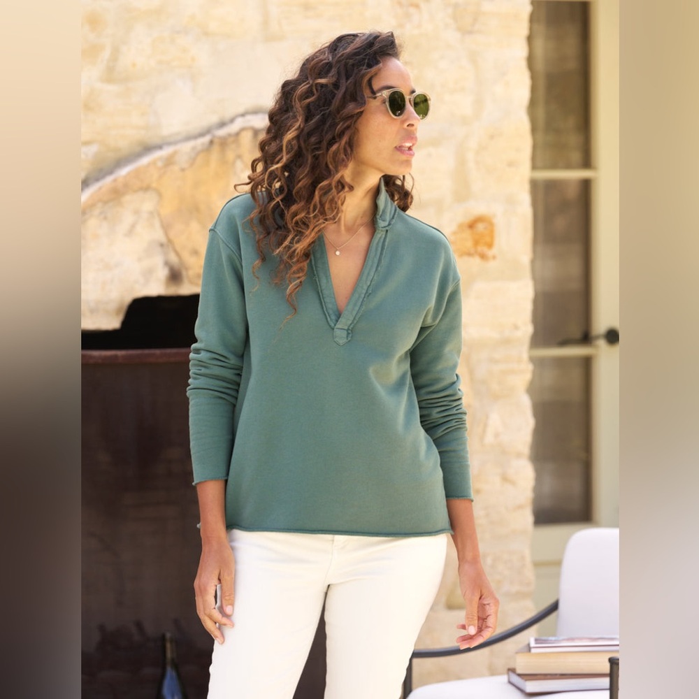 Frank Eileen Sweatshirt Womens M Patrick Popover Henley Triple Fleece Rosemary